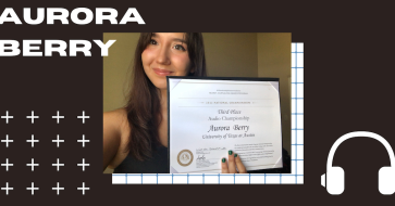 Brown banner with a picture of Aurora Berry, third-place winner in the Hearst Award’s National Audio Championship. At the top is the text "Aurora Berry" with white crosses below it. On the right is a white pair of headphones.