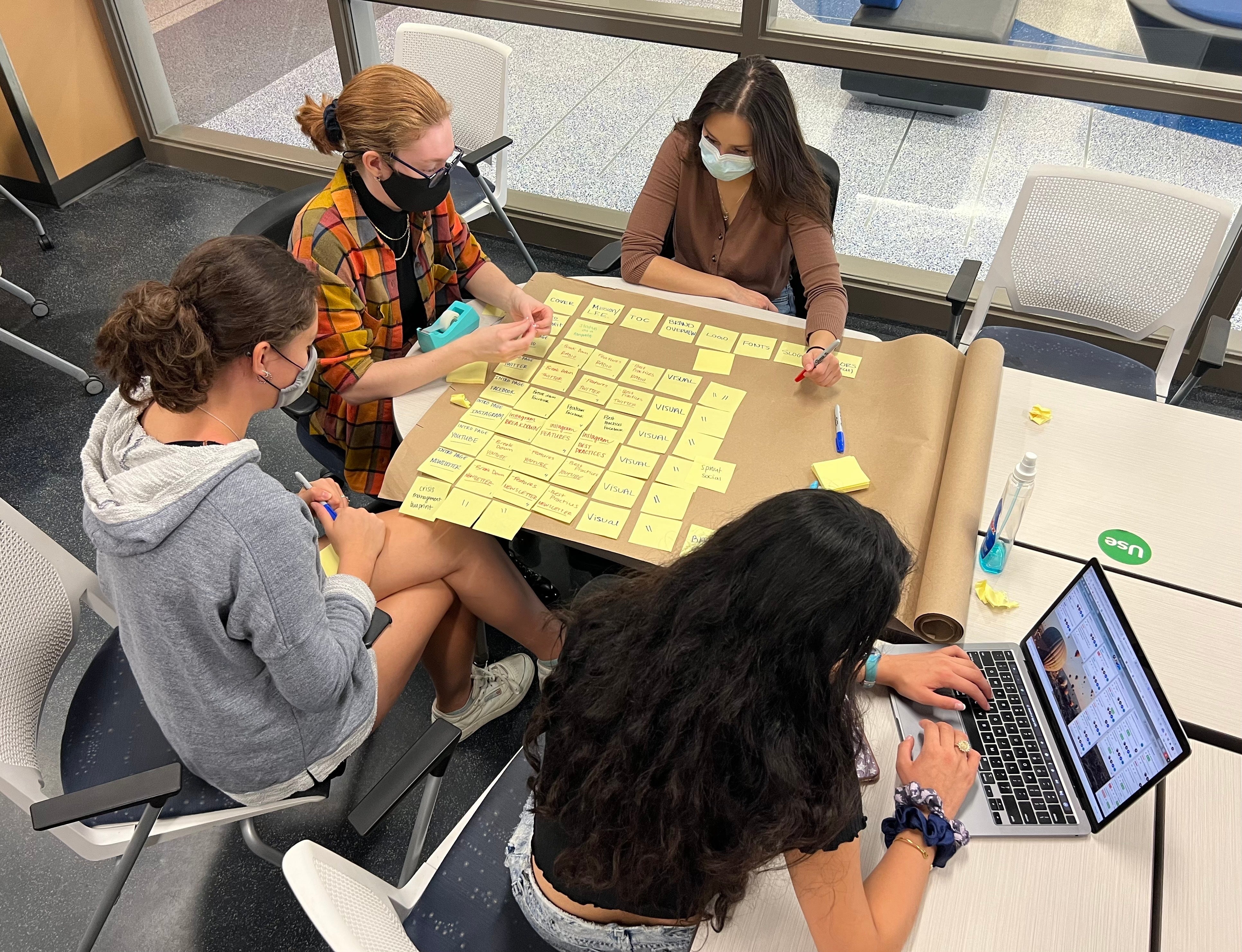 Students working around a table.