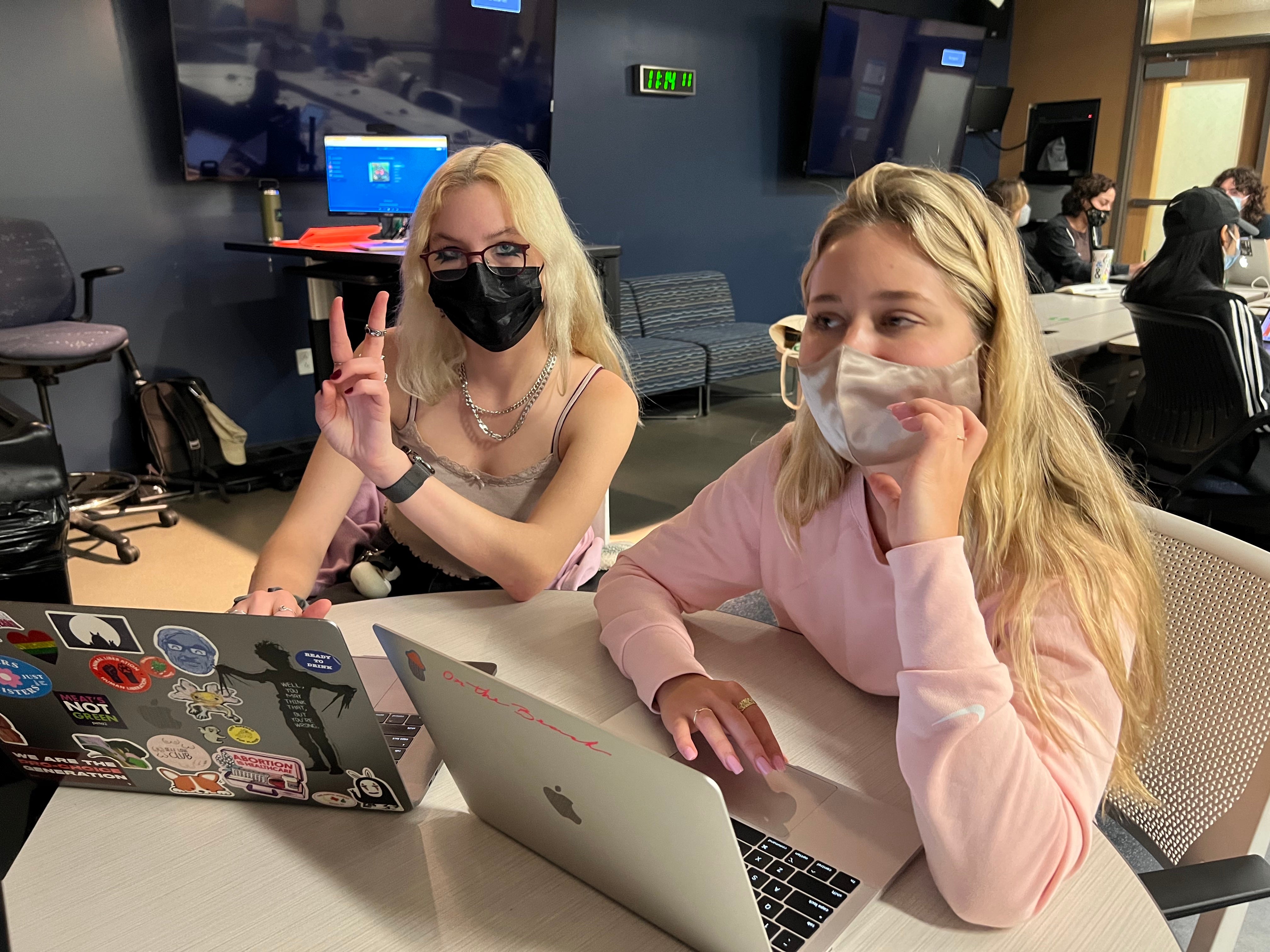 Two students sit next to each other looking at laptops