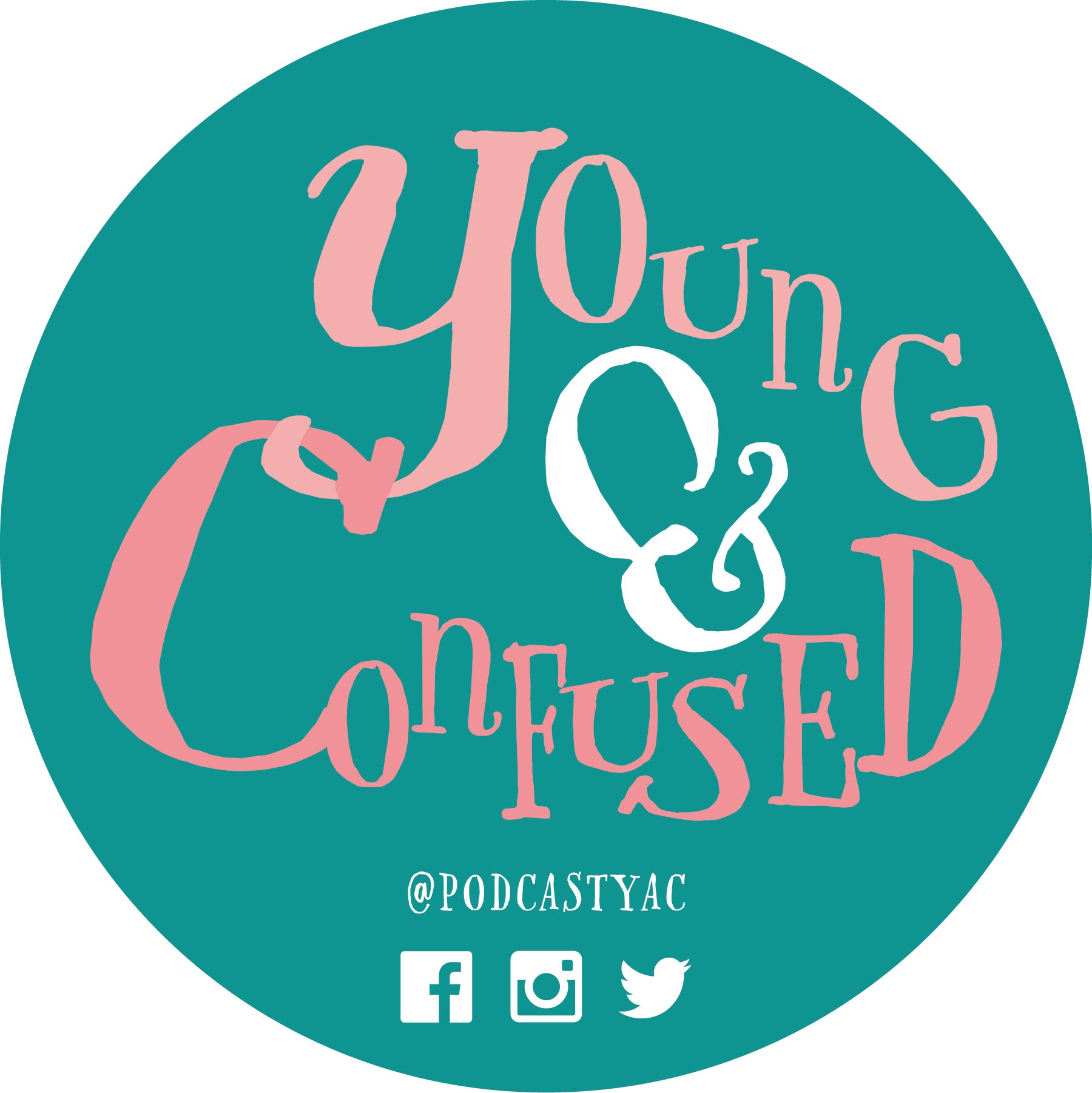 Young & Confused logo / Pink text on a teal background