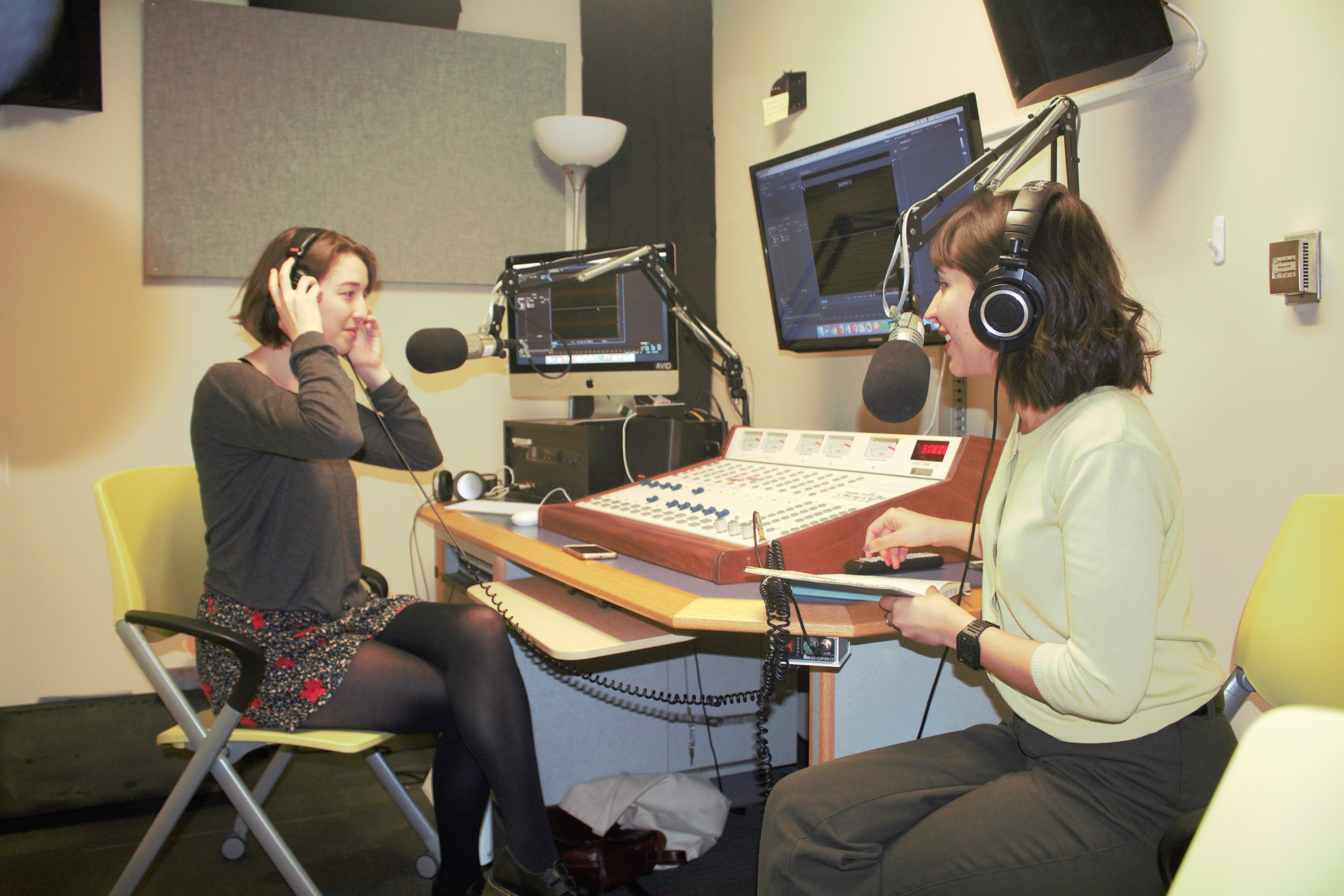 Directors of Audio Tinu Thomas and Haley Butler sit in the CMA audio lab