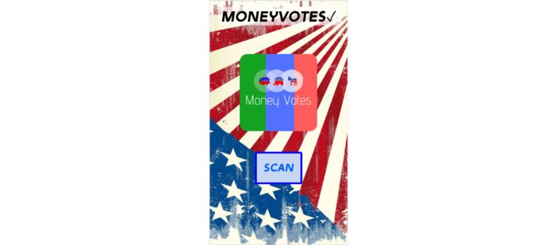 phone screen with moneyvotes logo and scan button