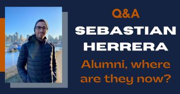 On the left is a photo of UT JSchool Alumni Sebastian Herrera in front of a dark blue background with accents of orange and light grey. On the right at the top is burnt orange text that says, "Q&A." Beneath that in white text is, "Sebastian Herrera." At the bottom right is burnt orange text that says, "Alumni, where are they now?"n