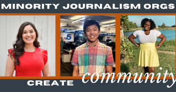 Photo of 3 minority journalism org members in the middle of the thumbnail with the text "Minority Journalism Orgs Create Community" across the top and bottom.