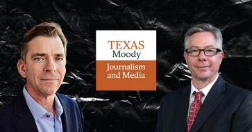 Kevin Robbins (new associate director of the school of journalism) and David Ryfe (new director of the school of journalism). In the center is the school of journalism logo.