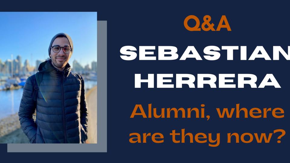On the left is a photo of UT JSchool Alumni Sebastian Herrera in front of a dark blue background with accents of orange and light grey. On the right at the top is burnt orange text that says, "Q&A." Beneath that in white text is, "Sebastian Herrera." At the bottom right is burnt orange text that says, "Alumni, where are they now?"n