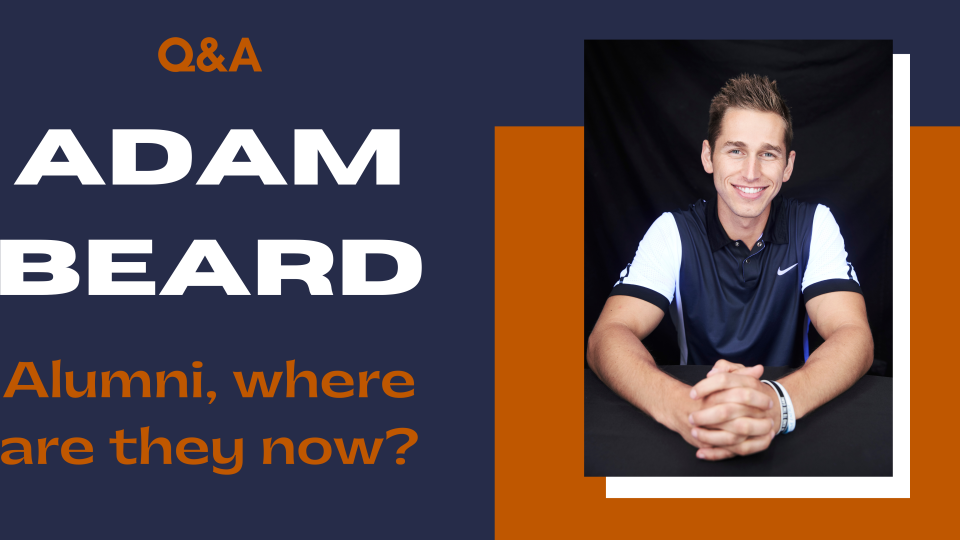 Blue background with burnt orange with an image of UT Journalism Alumni Adam Beard on the right. On the left at the top is the text "Q&A" in orange. Below that is, "Adam Beard" in white, all caps. Underneath that at the bottom left is the text, "Alumni, where are they now?" in orange.