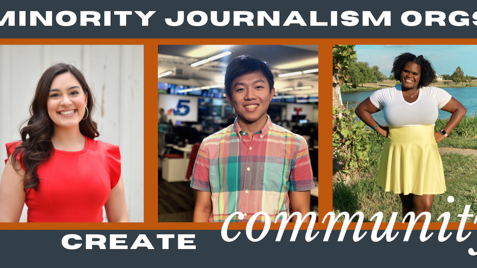 Photo of 3 minority journalism org members in the middle of the thumbnail with the text "Minority Journalism Orgs Create Community" across the top and bottom.