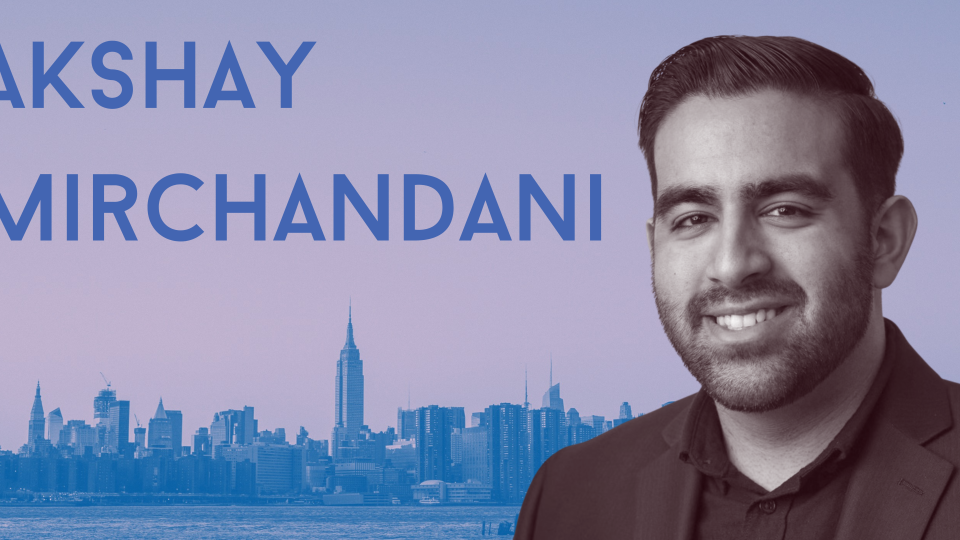 Photo of Akshay Mirchandani, head of audience development for Yahoo Sports, in front of a NYC skyline. At the top left is his name.
