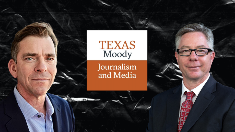 Kevin Robbins (new associate director of the school of journalism) and David Ryfe (new director of the school of journalism). In the center is the school of journalism logo.
