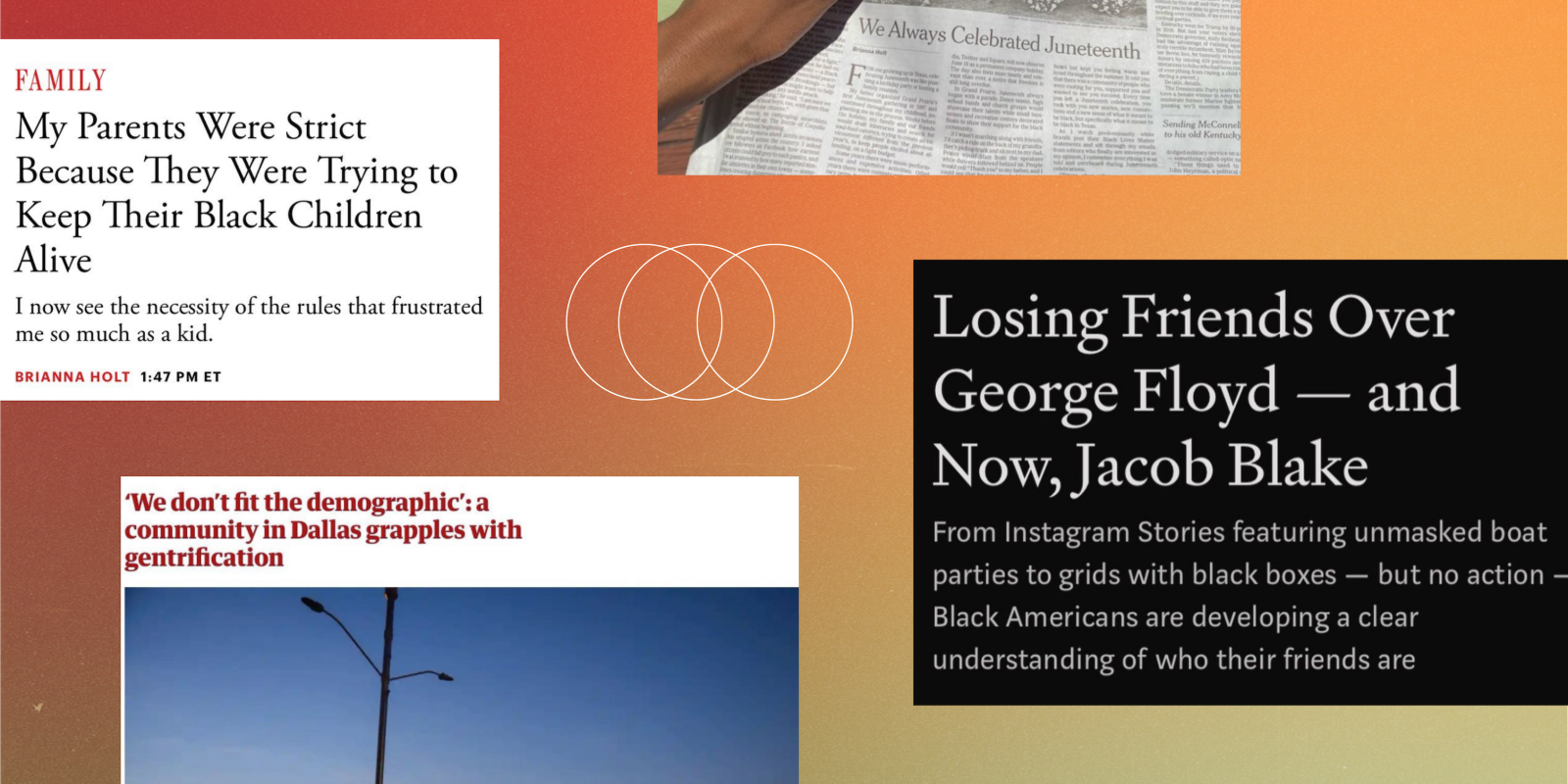 Green, orange and red background. Scattered across the graphic are various screenshot of articles by freelancer Brianna Holt.