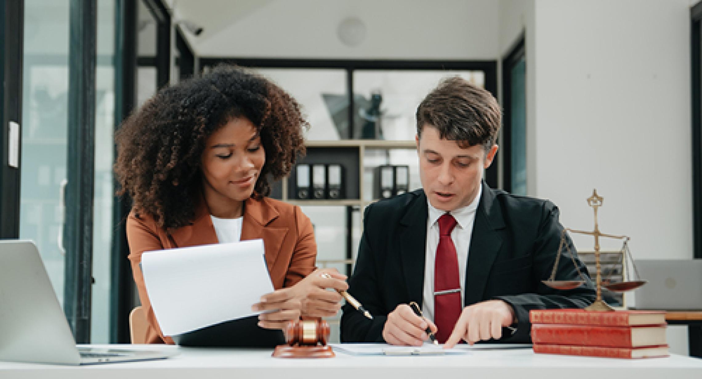 Two individual professionals at a desk, working together