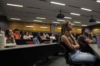 Students attending the first meeting of the Investigative Reporters and Editors to hear a guest speaker discuss their work.