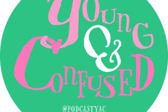 Young & Confused logo / Pink text on a teal background