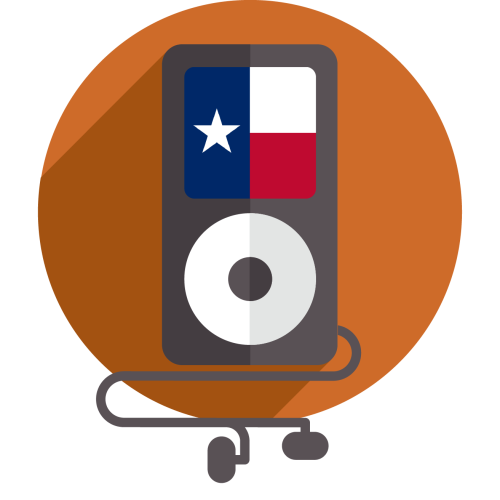 The Dallas Morning News Innovation Endowment's Tiny Texas Podcast Logo / iPod with Texas flag on the screen connected to earphones