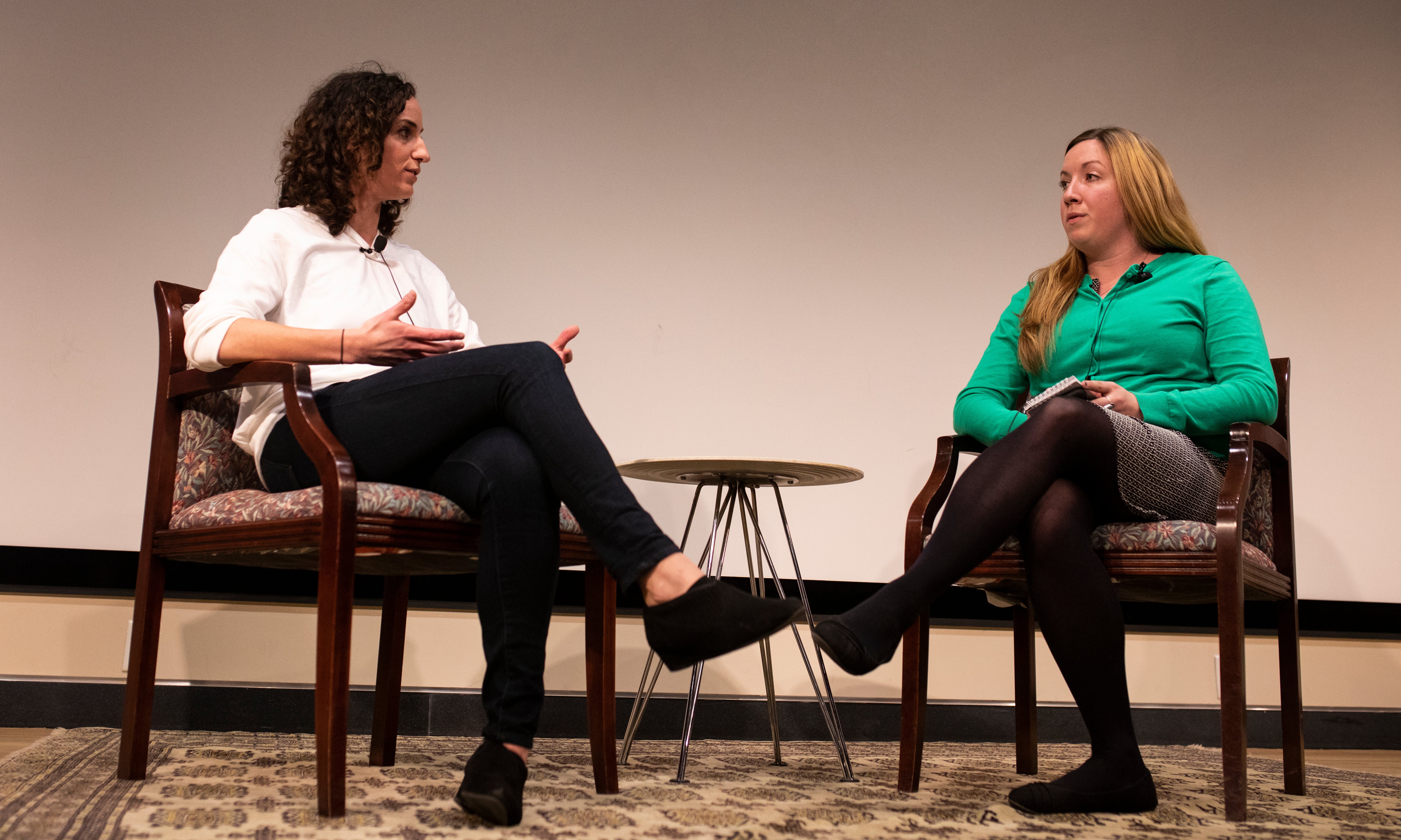 The Washington Post Director of Audio Jessica Stahl , The Dallas Morning News Innovation Lecture Series Speaker speaking on stage with Ph.D fellow Kelsey Whipple